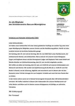 Schützenfest Ramsel, Schützenverein Baccum-Münnigbüren 1620 e.V. | Einladung 