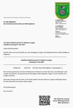 Jubelschützenfest Langen, SV Baccum-Münnigbüren 1620 e.V. | Einladung für Mitglieder 